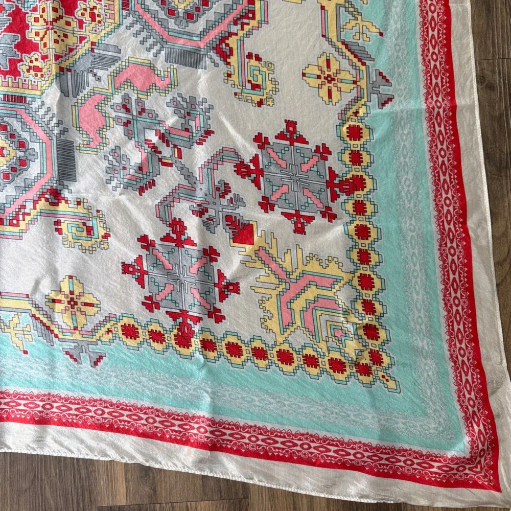 Johnny Was 100% Silk Square Scarf Tassels Southwestern Blue/Red Multi READ - Picture 7 of 8